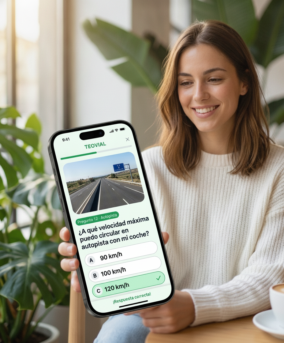 App TEOVIAL en móvil: pregunta con señal de tráfico y tutor humano disponible por chat